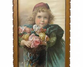 Victorian Lithograph Print of a Young Girl Holding Roses second image