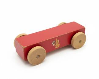 Vintage Red Wooden Pull Toy Wagon with Bunny and Mushroom Decal third image