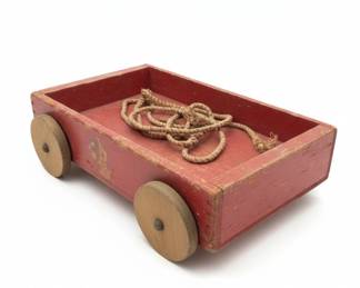 Vintage Red Wooden Pull Toy Wagon with Bunny and Mushroom Decal fourth image