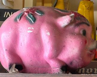 Vintage XL Chalkware Pink Piggy Bank with Floral Detail