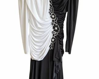 Filigree Ltd. Collection Black and White Asymmetrical Evening Gown with Floral Applique