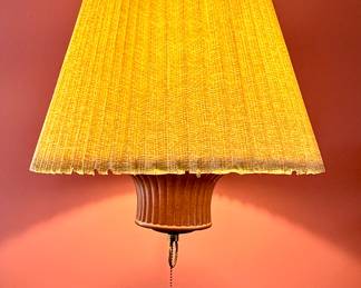 Vintage MCM Hanging Lamp with Textured Ceramic Base and Pleated Fabric Shade