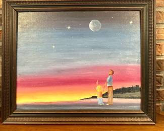 Original Painting of Father and Child Gazing at the Night Sky