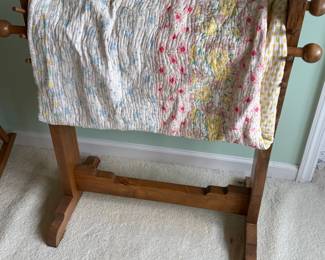 Vintage Handmade Baby Quilt and Wooden Quilt Rack
