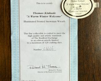 Thomas Kinkade "A Warm Winter Welcome" Illuminated Frosted Snowman Wreath Certificate of Authenticity