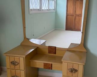 Vintage Art Deco Waterfall Bedroom Set Vanity, Bed Frame, and Armoire