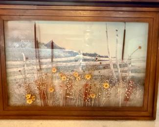 Vintage Dried Flower and Cattail Shadow Box with Barn Landscape