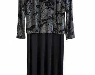 Alex Evenings Black and Silver Metallic Floral Print Evening Dress