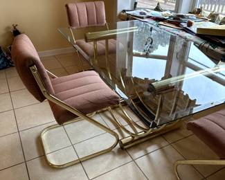 Upholstered Chairs with Brass-Finish Cantilever Base with Glass Dining Table