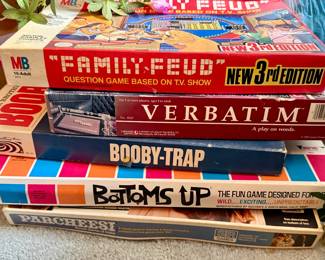 Vintage Board Game Collection Family Feud third Edition, , Verbatim , Booby Trap , Bottoms Up, and Parcheesi