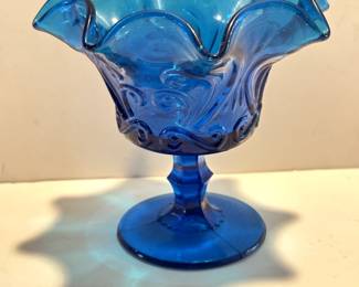 Blue Glass Pedestal Candy Dish with Crimped Edge - Made in Italy 