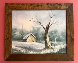 Winter Cabin Oil Painting by K. Thomas