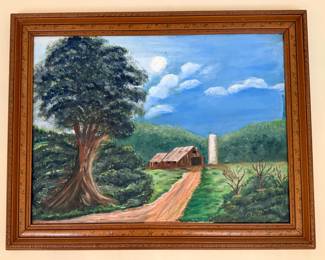 Folk Art Farm Landscape Oil Painting
