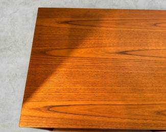 ALTERNATE VIEW: Teak Sideboard (Condition: bottom drawer needs adjustment to close completely. There is a vertical hairline separation on the right side of the sliding panel). Measurements: 32"H x 47 1/2"L x 18 1/2"D. AVAILABLE FOR: $800