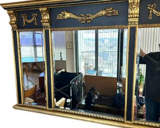 ALTERNATE VIEW: LaBarge Halian Beaux Arts Style Parcel Gilt Ebonized Mantle Mirror - Measures 34"H x 51 1/2"W. In very good condition. AVAILABLE FOR $350.