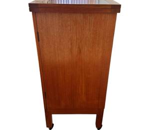 ALTERNATE VIEW: Bruksbo Danish teak Bar Cart. 
30.25" wide closed, 60.5" wide open, 16.25" deep, 35" high. AVAILABLE FOR - $1100