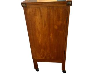 ALTERNATE VIEW: Bruksbo Danish teak Bar Cart. 
30.25" wide closed, 60.5" wide open, 16.25" deep, 35" high. AVAILABLE FOR - $1100