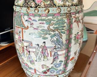 ALTERNATE VIEW: Vintage Famille Rose Garden Bench. Measures 18 1/2"H x 13"W across the top. AVAILBLE FOR $450.