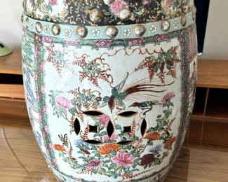 ALTERNATE VIEW: Vintage Famille Rose Garden Bench. Measures 18 1/2"H x 13"W across the top. AVAILBLE FOR $450.