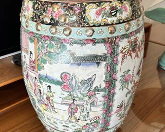 ALTERNATE VIEW: Vintage Famille Rose Garden Bench. Measures 18 1/2"H x 13"W across the top. AVAILBLE FOR $450.