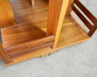 ALTERNATE VIEW: Mid Century Modern Danish Teak Revolving Bookcase. (Condition: Piece of veneer missing from base - see photos). Measurements: 45 1/2"H x 19 3/4"W x 19 3/4"D. AVAILABLE FOR: $350