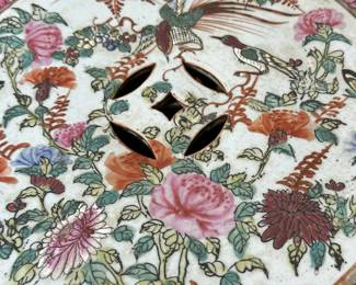 ALTERNATE VIEW: Vintage Famille Rose Garden Bench. Measures 18 1/2"H x 13"W across the top. AVAILBLE FOR $450.