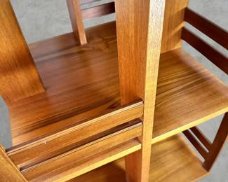 ALTERNATE VIEW: Mid Century Modern Danish Teak Revolving Bookcase. (Condition: Piece of veneer missing from base - see photos). Measurements: 45 1/2"H x 19 3/4"W x 19 3/4"D. AVAILABLE FOR: $350
