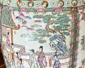 ALTERNATE VIEW: Vintage Famille Rose Garden Bench. Measures 18 1/2"H x 13"W across the top. AVAILBLE FOR $450.