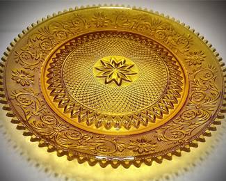 Vintage 12” Amber Pressed Glass Serving Plate Starburst & Floral Sawtooth Edge
