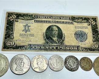 *** RARE*** 1921 Twenty Pesos Philippine National Bank Note + Assorted Coins