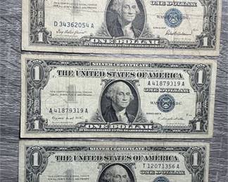 Lot of 3 $1 Silver Certificates – Series 1957, 1957A, 1957B Blue Seal Notes