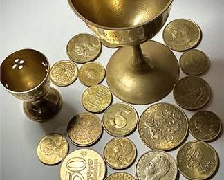 Vintage Brass Goblet & Egg Stand with Mixed World Coin Lot
