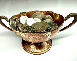 Vintage Hammered Copper Two-Handled Footed Bowl – MADE IN JAPAN – w/ World Coins