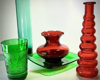 Vintage Red & Green Art Glass Lot – 5-Piece Mixed Collection
