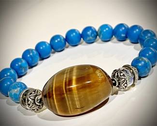 Turquoise Blue & Tiger Eye Beaded Stretch Bracelet