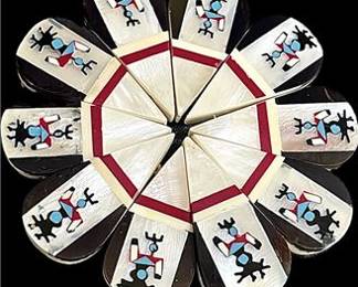 Vintage Zuni Inlay Bolo Tie Slide – Mother of Pearl & Turquoise Katsina Design