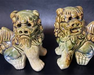 Pair of Vintage Ceramic Foo Dogs / ShiShi Guardian Lions – Green & Brown Glaze
