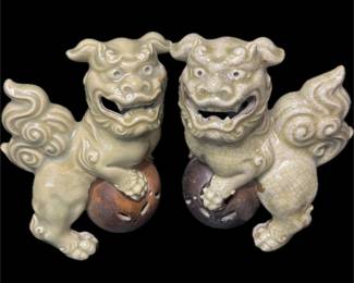 Pair of Vintage Chinese Foo Dog Guardian Lions – Celadon Crackle Glaze – Ceramic