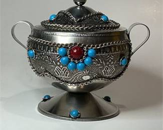 Vintage Ornate Lidded Silver-Tone Vessel with Turquoise & Red Stone Accents