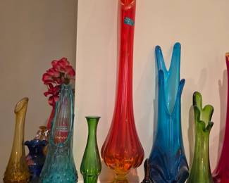 LE Smith / Fayette Amberina Swung Vase 24”, 16.6" blue mcm swung vase, Vintage LE Smith Glass Hobnail Bud Vase Simplicity 3-Toed Peacock Blue 11" Tall. Plus more vases!