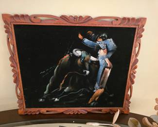 Vintage Painting On Black Velvet “ Matador & Bull” Framed Spain C.1960
