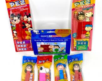 PEZ Dispenser Lot - Peanuts, Mickey Mouse Plus Collectible Peanuts Playing Cards 