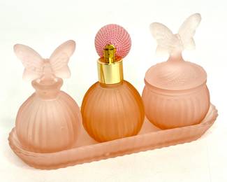 Vintage Pink Frosted Glass Perfume Bottle and Atomizer Set With Tray 
