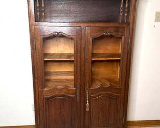 Antique Hand Carved Oak China Cabinet with Glass Doors and Adjustable Shelves 