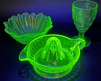 3 Piece Uranium Glass Lot - Juice Reamer, Flower Bowl, Glass 