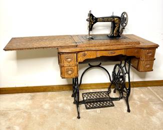 Antique Damascus Wood Sewing Table with Sewing Notions 