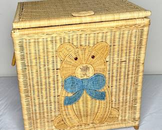 Precious Wicker Toy Basket With Bear In A Blue Bow 