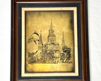 Vintage Framed St. Louis Cathedral Painting on Canvas - Lambremont 1977 