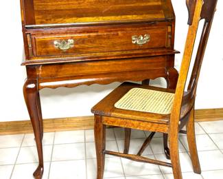 Queen Anne Style Secretary Desk With Tiger Oak Cane Chair 