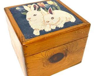 Hand Made Solid Wood Treasure Box with Needlepoint Bunnies on Top 